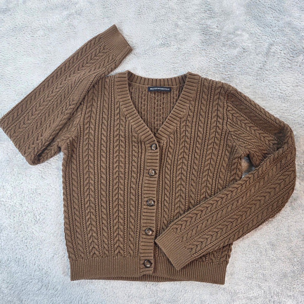 Brandy Melville Cable Knit V-Neck Button Cardigan Brown One Size Womens Sweater